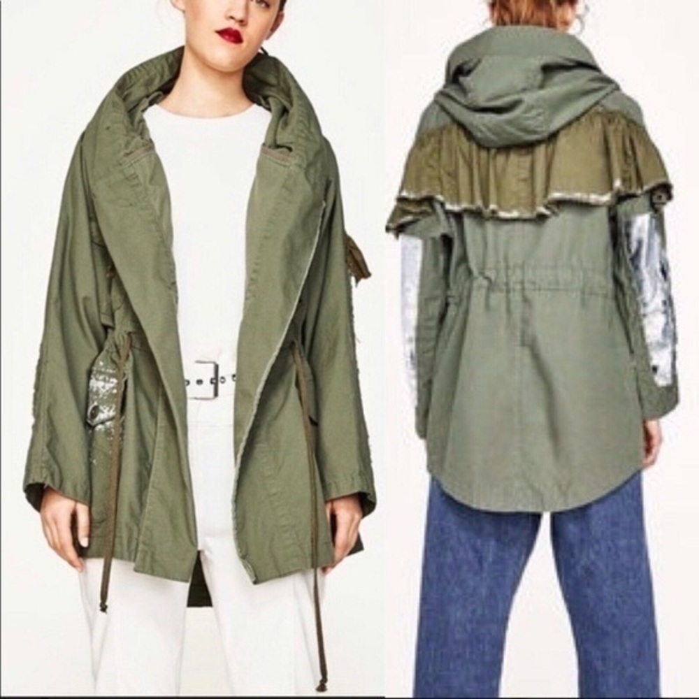 Zara Parka Jacket Size Army Green Canvas Utility Y2K Ruffle Minimalist Oversized